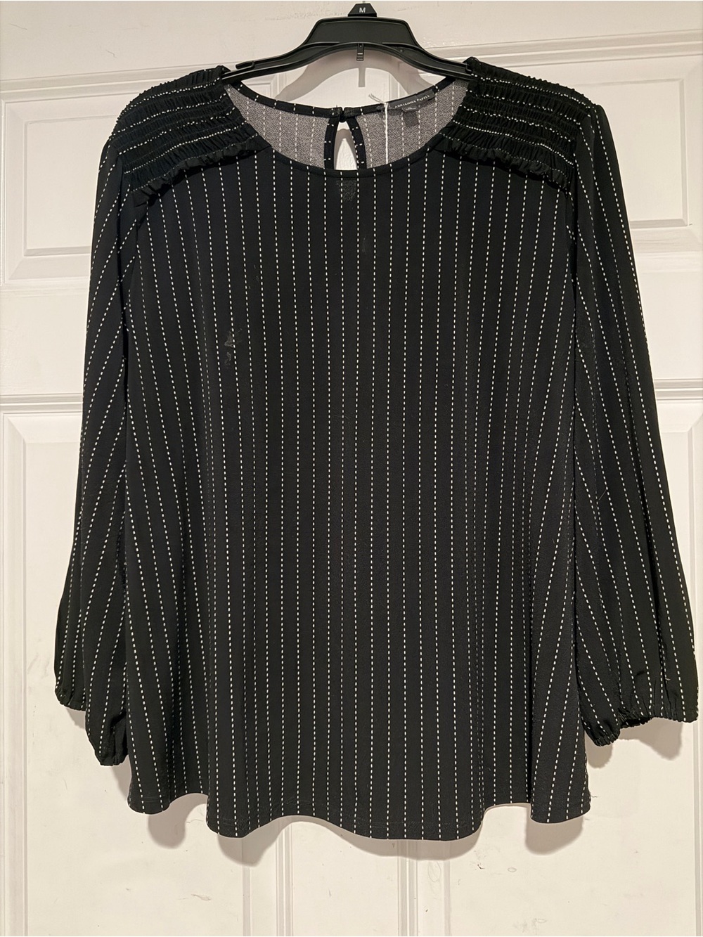 Adrianna Papell Black Pinstripe Ruffle Shoulder Blouse